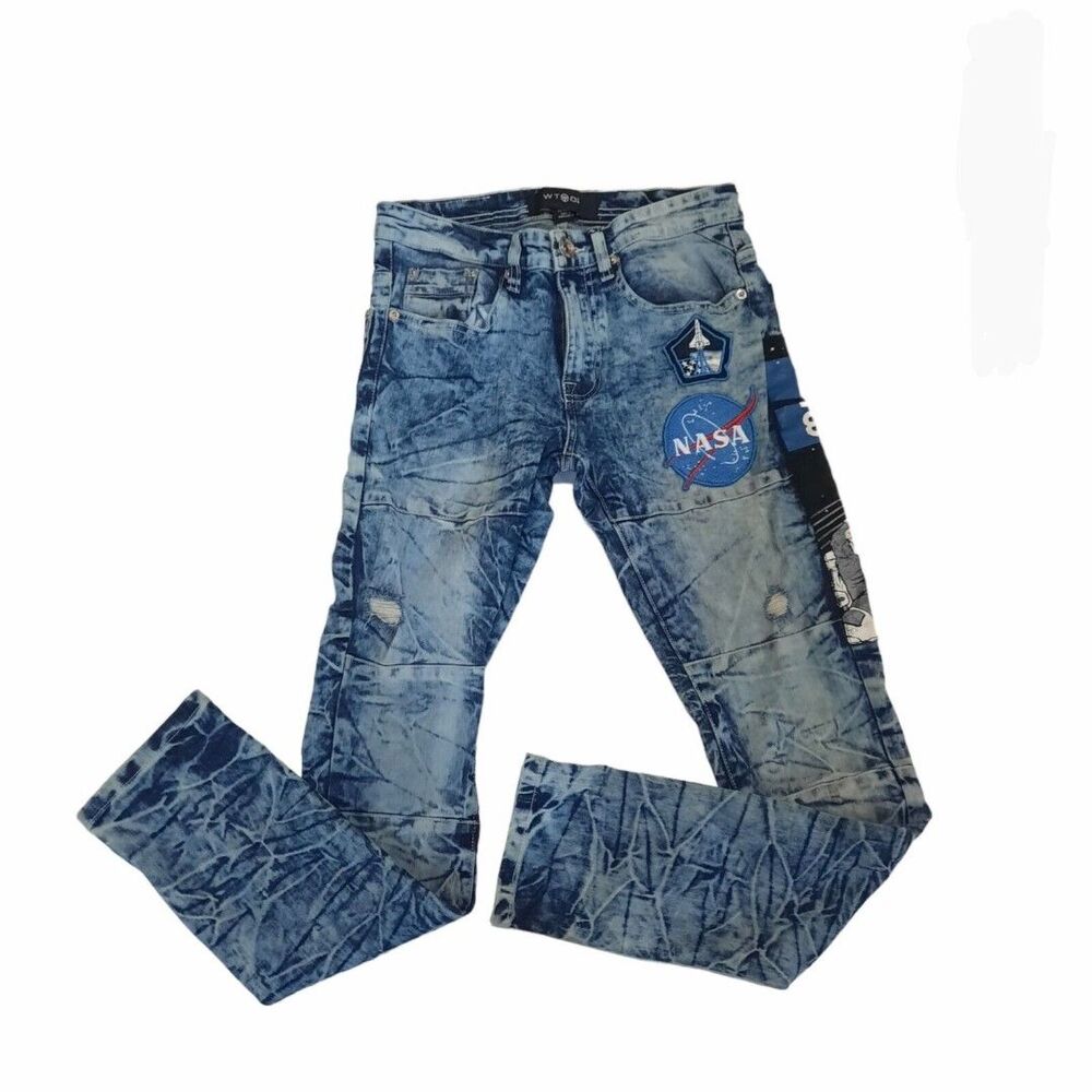WT02 Men's NASA Collection Skinny Acid Wash Denim Jeans Mens 29 X 30